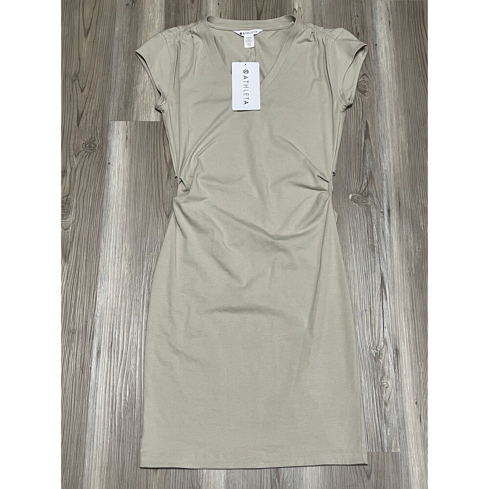 NWT Athleta Womens Size XXS Tan Effortless Tee Dress V Neck Ruched Stretch